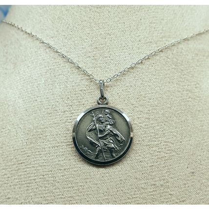 Vintage 925 Sterling Silver St Christopher Medallion Pendant Necklace