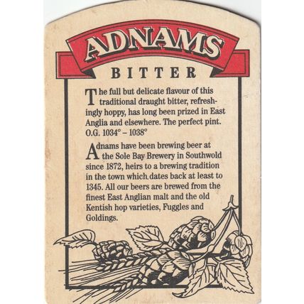 BEER MAT - ADNAMS BREWERY - BITTER - (Cat No 016) - (1987)