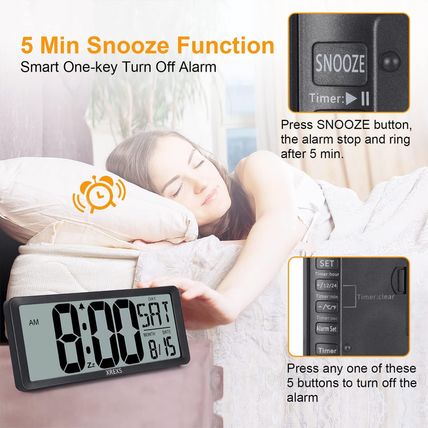 XREXS Large Digital Wall Clock, Battery Operated Alarm Clocks for Bedroom Home D