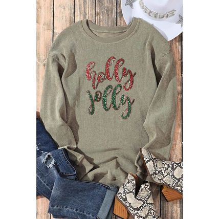 Green Sequined holly jolly Graphic Corded Sweatshirt