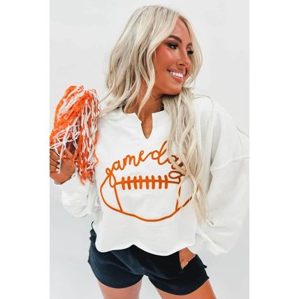 Bright White Game Day Lettering Rugby Notched Neck Sweatshirt