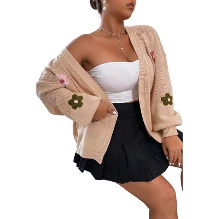 Smoke Gray Floral Applique Drop Shoulder Bubble Sleeve Cardigan