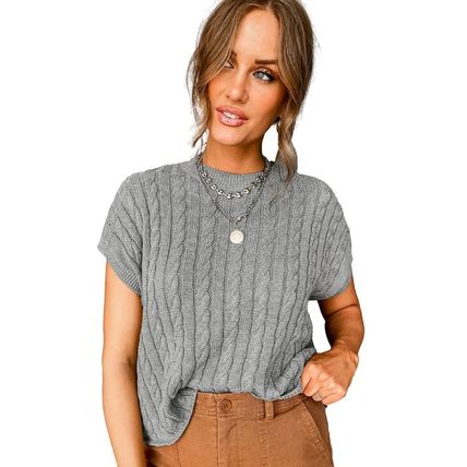 Gray Crew Neck Cable Knit Short Sleeve Sweater
