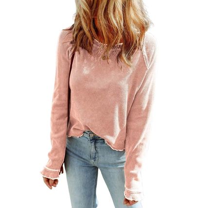 Apricot Pink Textured Round Neck Long Sleeve Top