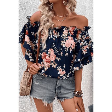 Blue Ruffle Off Shoulder Flounce Sleeve Floral Blouse