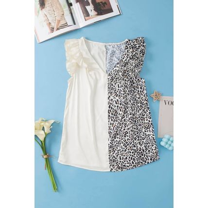 Apricot Half Leopard Patchwork Ruffle Sleeve Blouse