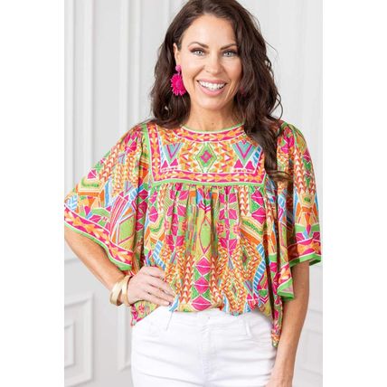 Orange Geometric Print Bell Sleeve O Neck Babydoll Blouse