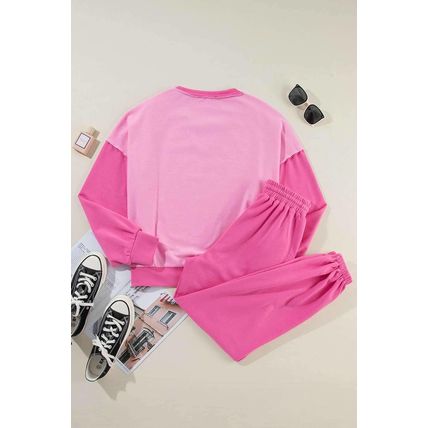 Bonbon Contrast Patchwork Pullover and Drawstring Joggers Set