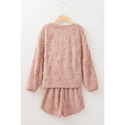 Light Pink Textured Leopard Fleece Loose Two Piece Lounge Set