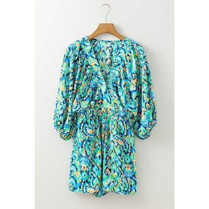 Green Abstract Print Puff Sleeve V Neck High Waist Romper