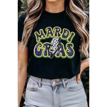 Black MARDI GRAS Lightning Graphic Short Sleeve Top