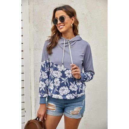 Gray Floral Splicing Cowl Neck Hoodie