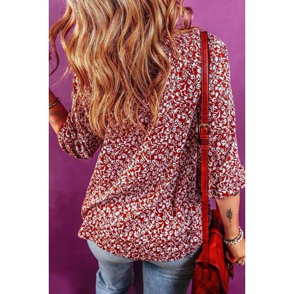 Biking Red Floral Print Smocked Tie Neck Blouse