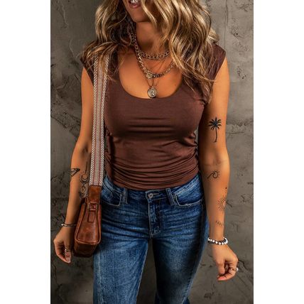 Coffee Solid Color U Neck Slim Fit Tank Top