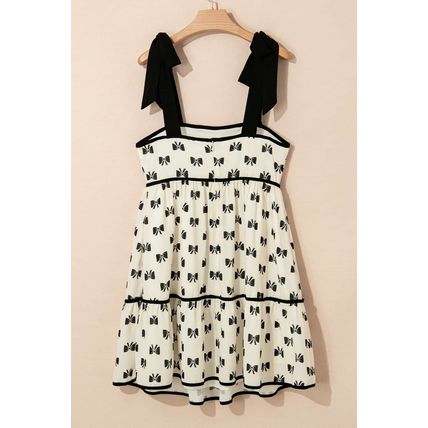 White Bow Knot Color Contrast Trim Knotted Shoulder Mini Dress