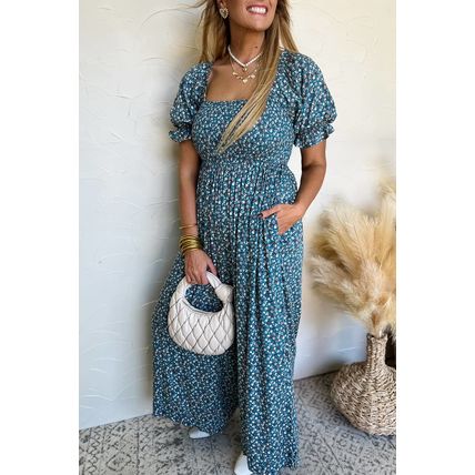 Blue Vintage Boho Floral Smocked Short Puff Sleeve Wide Leg Jumpsuit