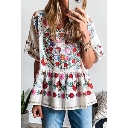 White Boho Floral Print Round Neck Ruffle Trim Blouse