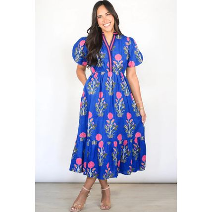 Sky Blue Floral Puff Short Sleeve V Neck High Waist Maxi Dress