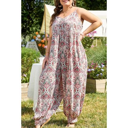 Multicolour Plus Size Paisley Print Sleeveless V Neck Jogger Jumpsuit
