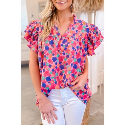 Rose Red Abstract Print Ruffled Sleeve V Neck Blouse