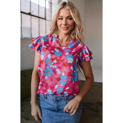 Rose Red Ruffled Sleeve Floral Blouse