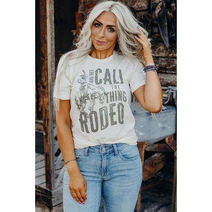 White AND THEY CALL THE THING RODEO Print Round Neck T Shirt