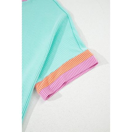 Light Blue Plus Size Color Block Corded Knit Tee and Shorts Set