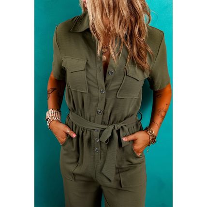 Moss Green Half Button Belted Utility Short Sleeve Jumpsuit