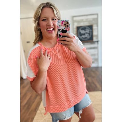 Carrot Twist Rib Colorblock Hi Low Plus Size Short Sleeve Top
