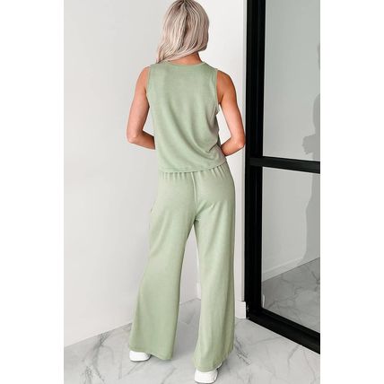 Smoke Green Textured Tank Top and Drawstring High Waist Pants Set