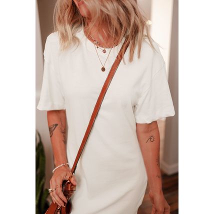 White Drop Shoulder Crew Neck Shift T Shirt Dress