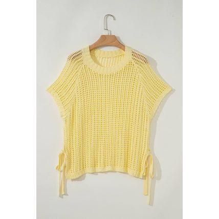Yellow Cream Hollow-out Crochet Side Tied Short Sleeve Sweater