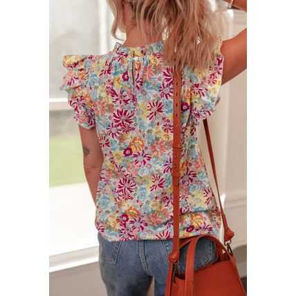 Multicolour Floral Pleated Detail Flutter Sleeve Blouse