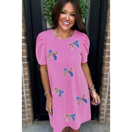Bright Pink Flag Pattern Inspired Sequin Bow Spiral Ribbed Puff Sleeve T Shirt D