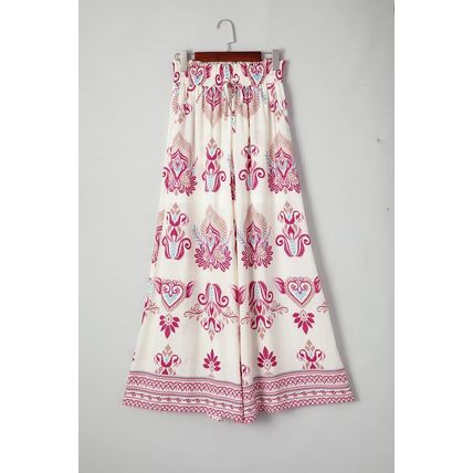 Rose Boho Printed Shirred High Waist Flowy Wide Leg Pants
