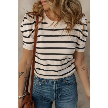 Black Stripe Ribbed Trim Round Neck Bubble Sleeve Knitted Top