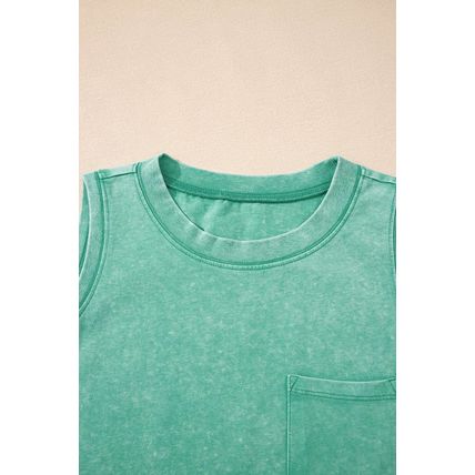 Sea Green Mineral Wash Patched Chest Pocket Casual Tank Top
