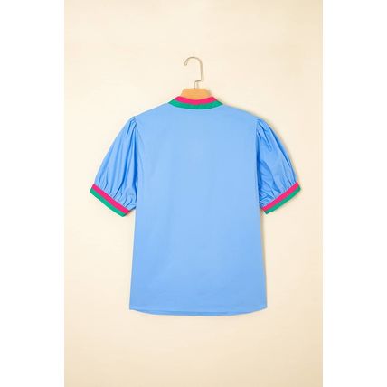 Sky Blue Contrast Striped V Neck Collision Short Puff Sleeve Blouse
