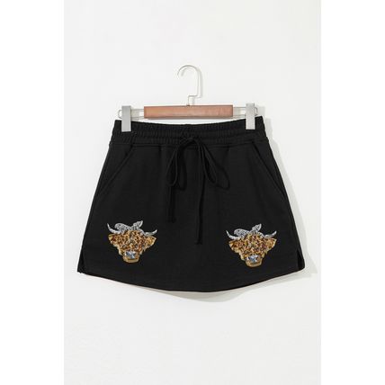 Black Sequin Heifer Patched French Terry Drawstring Skort