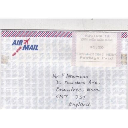 Australia 1994 Waggawagga to Braintree UK Airmail cover Label written VGC