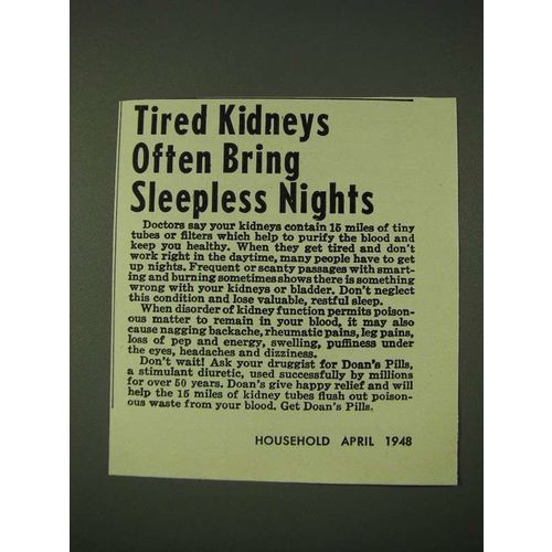 1948 Doan's Pills Ad - Tired Kidneys often bring sleepless nights