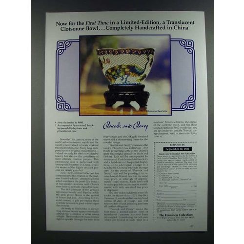 1986 The Hamilton Collection Ad - Peacock and Peony Cloisonne Bowl