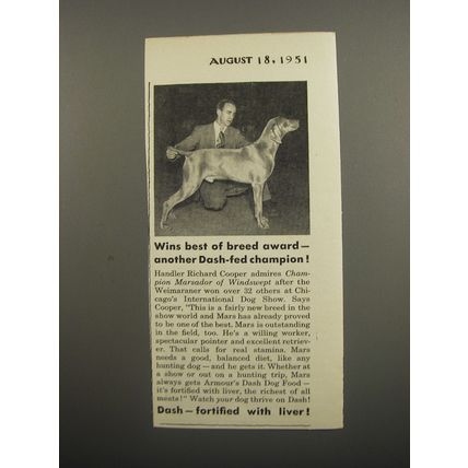 1951 Armour Dash Dog Food Ad - Weimaraner Dog - Wins best of breed award