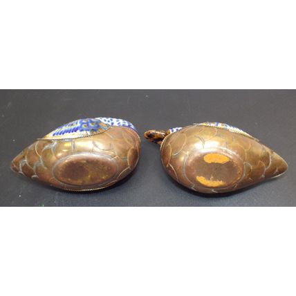 Vintage Brass and Ceramic Duck Figure Hand Painted Mexican Art Blue White Gold