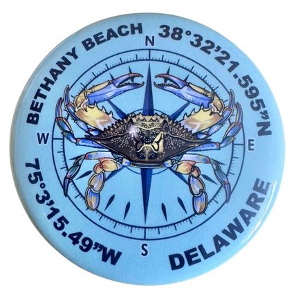 Bethany Beach Crab Compass Round Metal Small Fridge Magnet