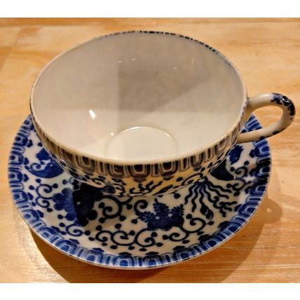 Vintage Japan Ware Tea Cup Saucer White Blue Phoenix Bird Floral Porcelain