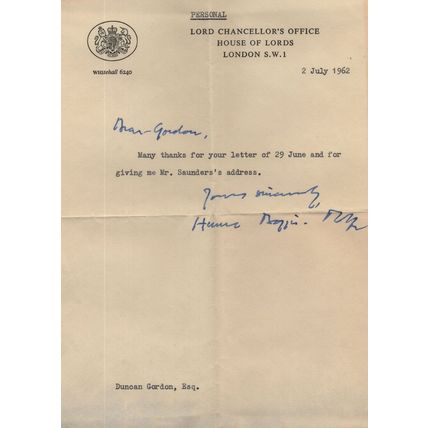 Lord Chancellors Office Parliament 1962 Hand Signed Political Letter