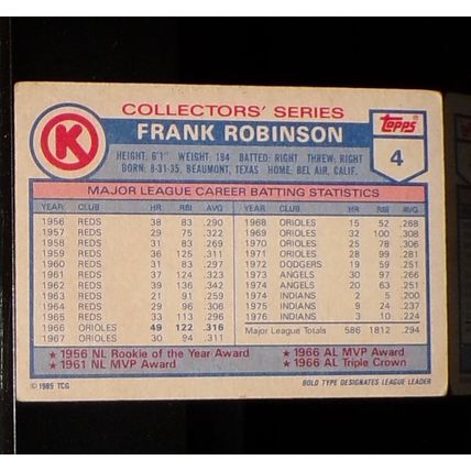 TOPPS 1985 FRANK ROBINSON CIRCLE K BASEBALL CARD #4