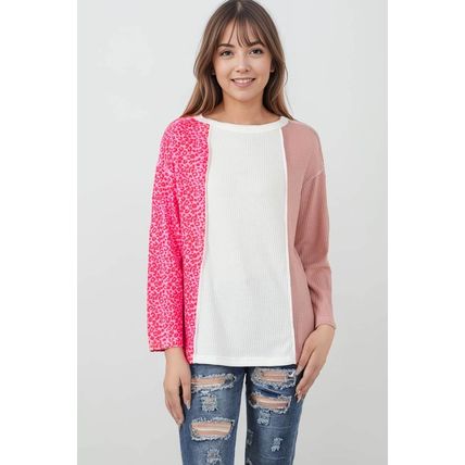 Pink Waffle Knit Exposed Seam Leopard Colorblock Print Top