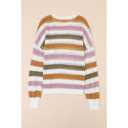 Multicolor Striped Hollowed Knitted Loose Sweater